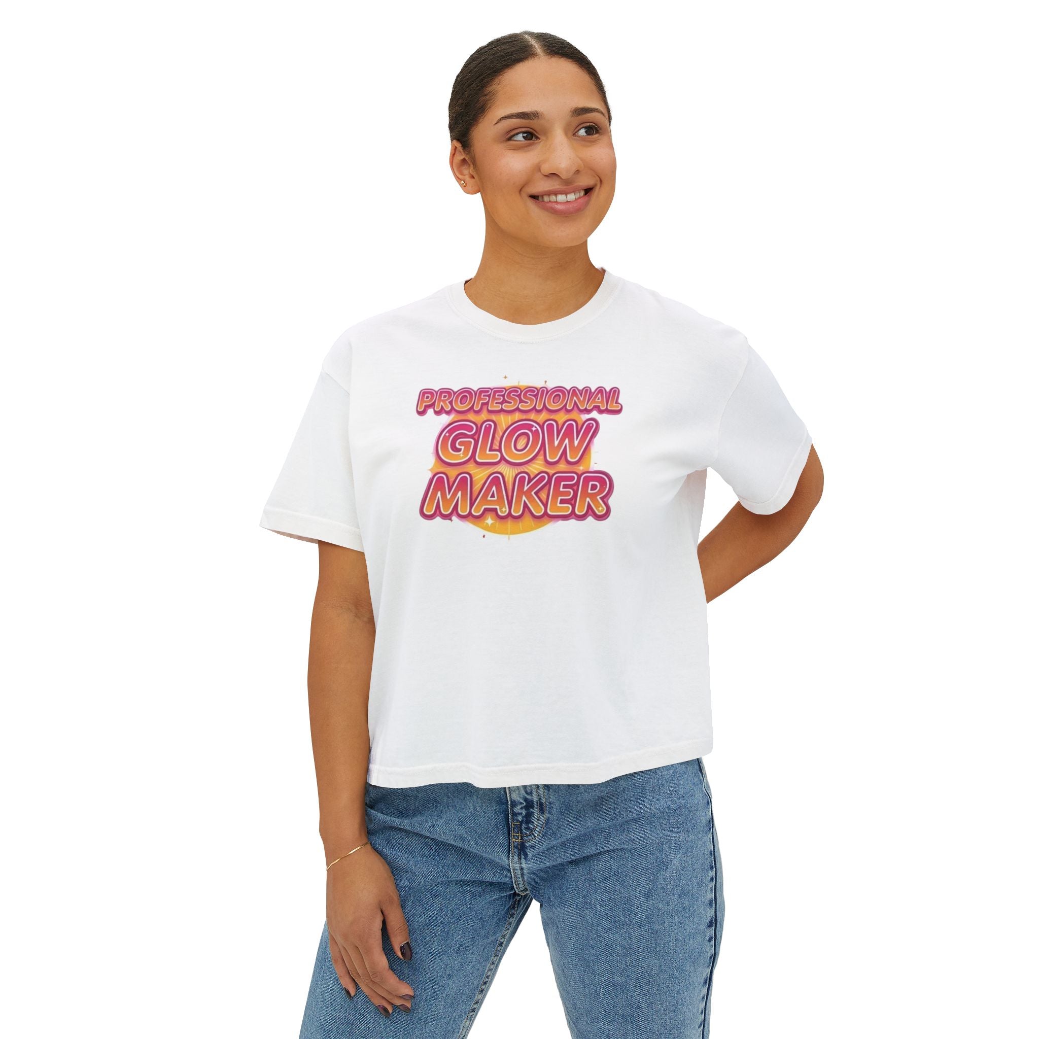 Professional Glow Maker Boxy Tee — Retro Pink & Orange Graphic Women's Shirt