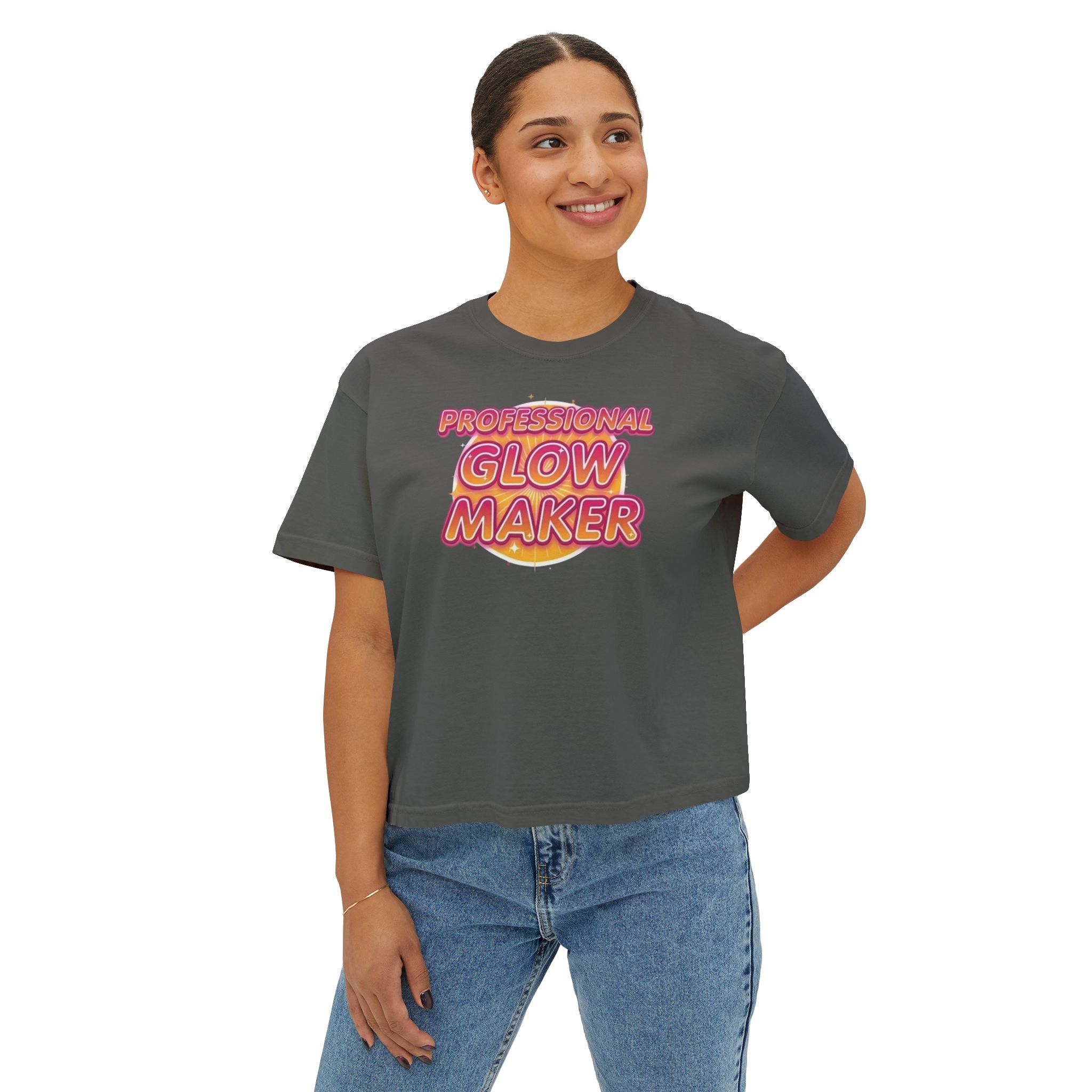 Professional Glow Maker Boxy Tee — Retro Pink & Orange Graphic Women's Shirt