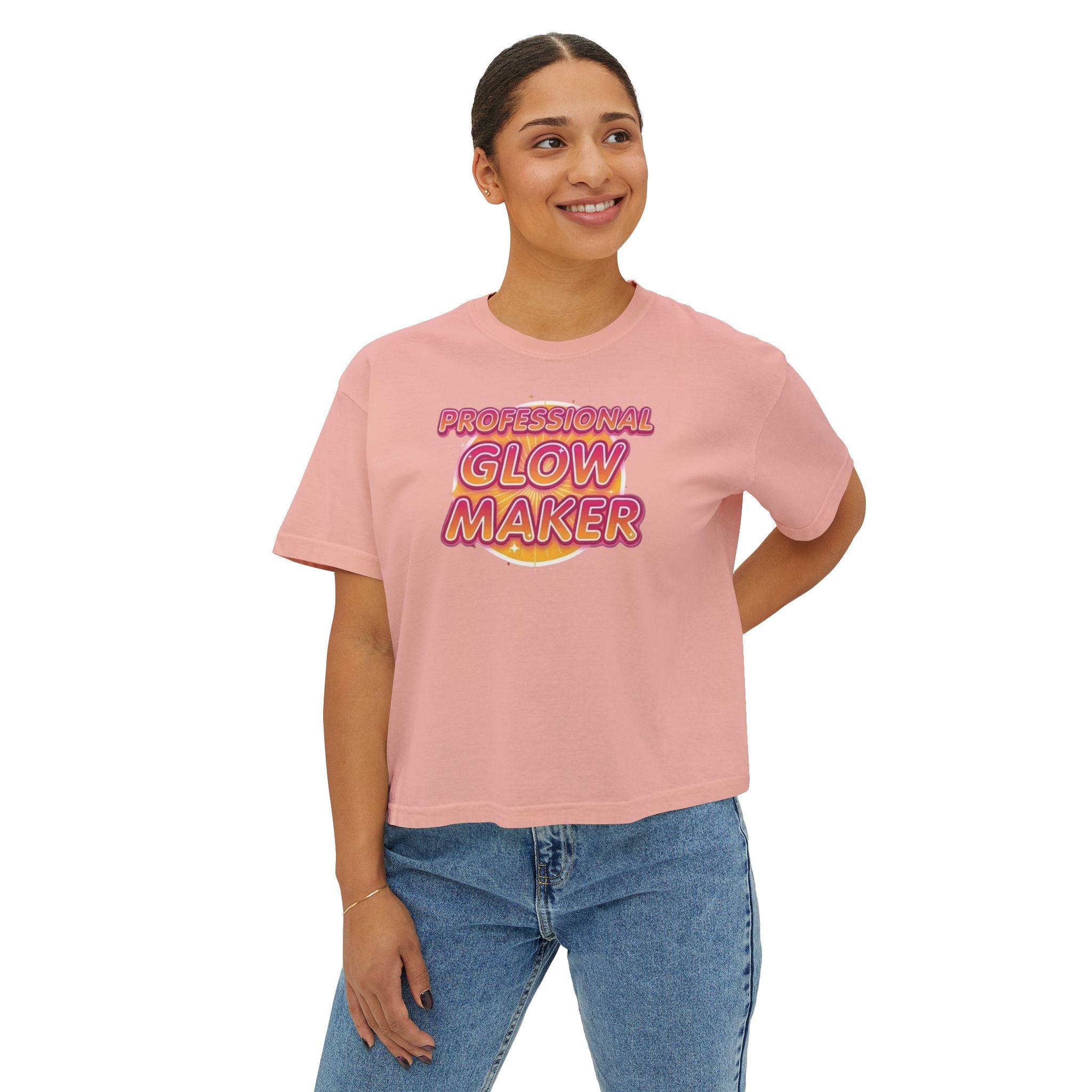 Professional Glow Maker Boxy Tee — Retro Pink & Orange Graphic Women's Shirt