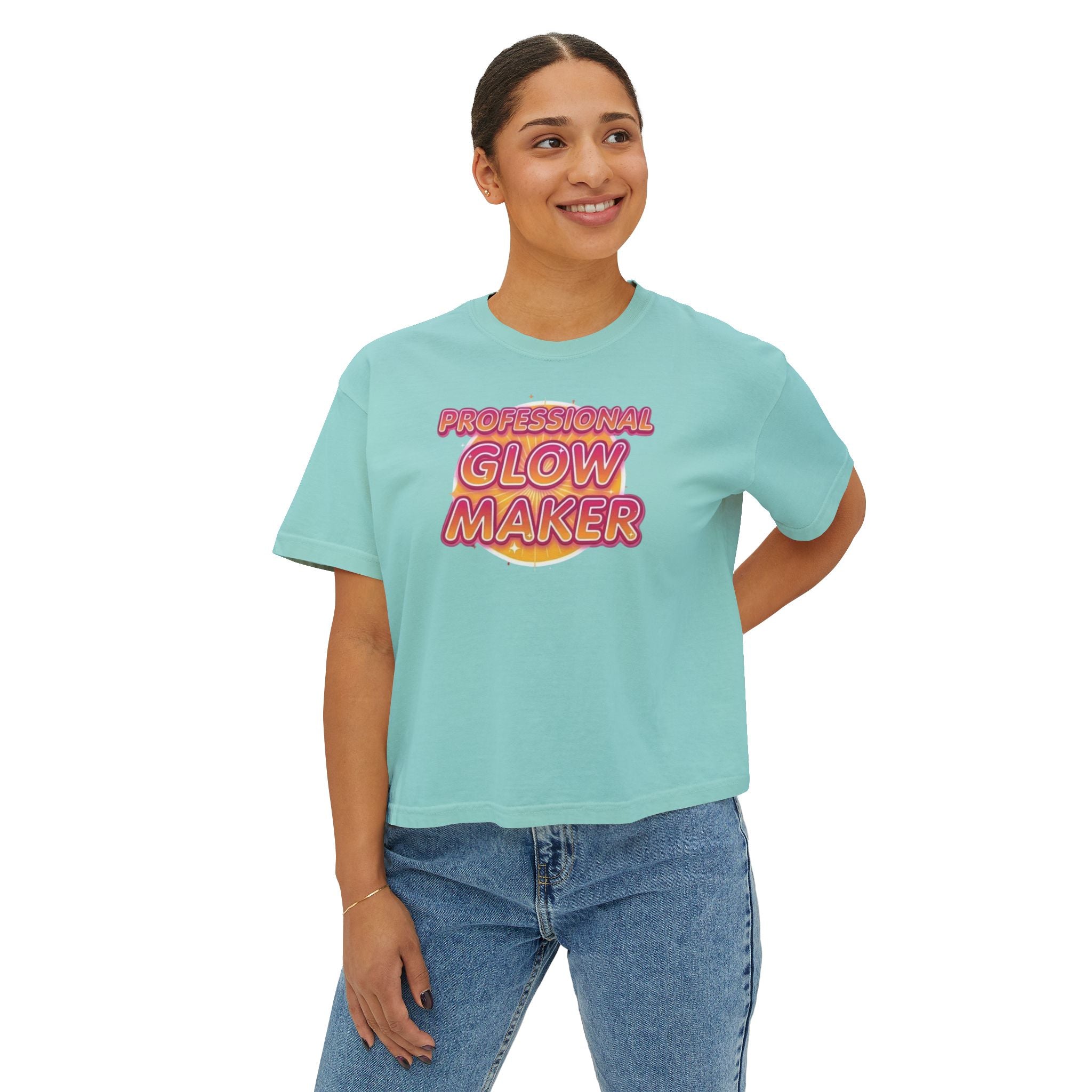 Professional Glow Maker Boxy Tee — Retro Pink & Orange Graphic Women's Shirt